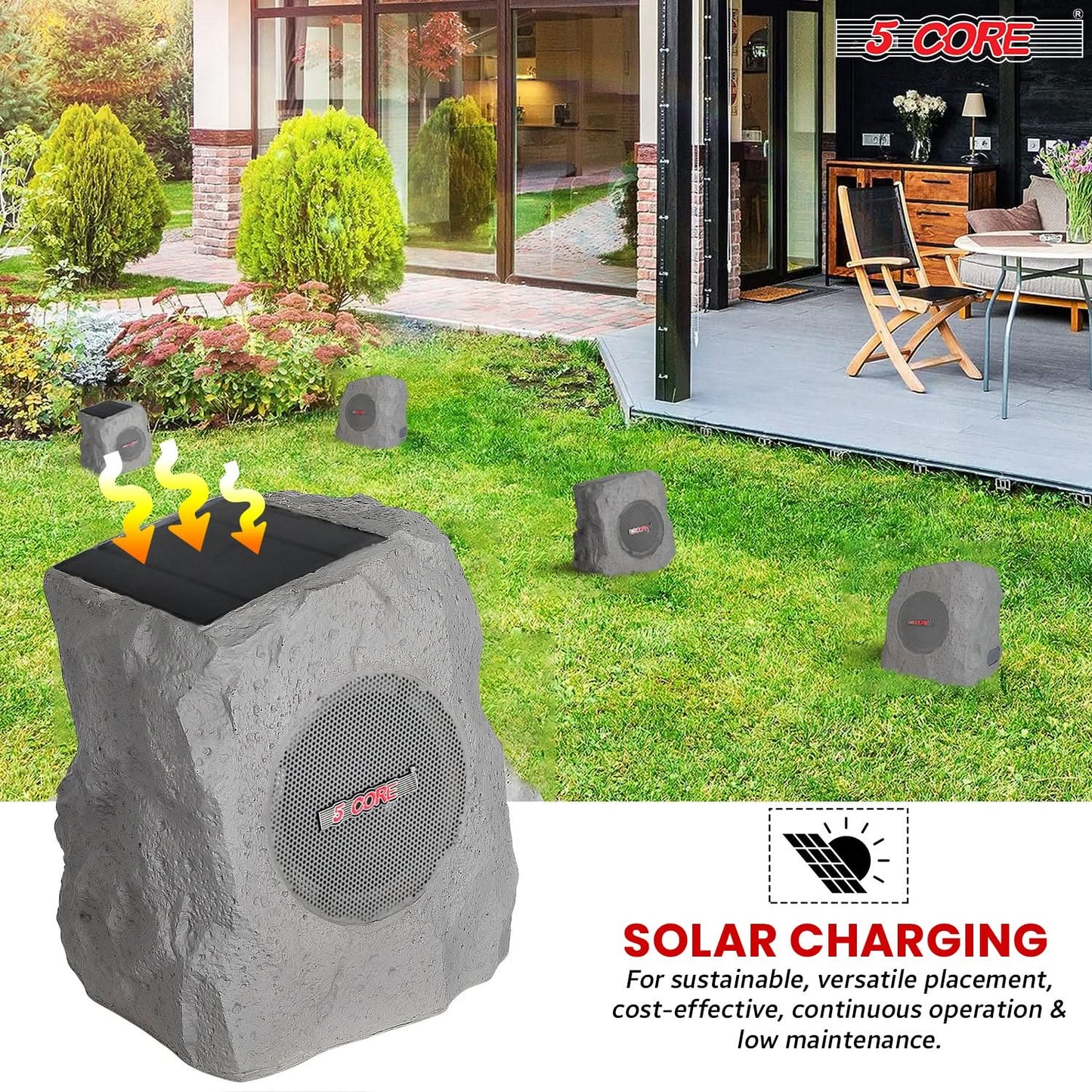 5Core Bluetooth Outdoor Wireless Rock Speakers - Waterproof, Linkable TWS Garden Speakers in Gray