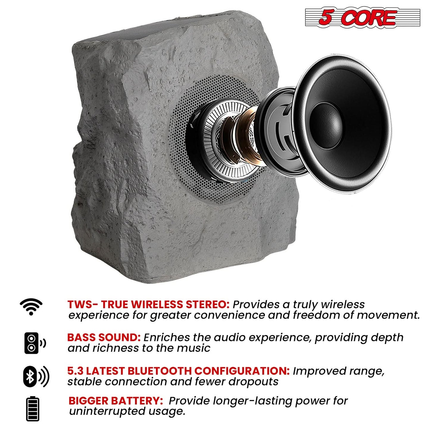 5Core Bluetooth Outdoor Wireless Rock Speakers - Waterproof, Linkable TWS Garden Speakers in Gray